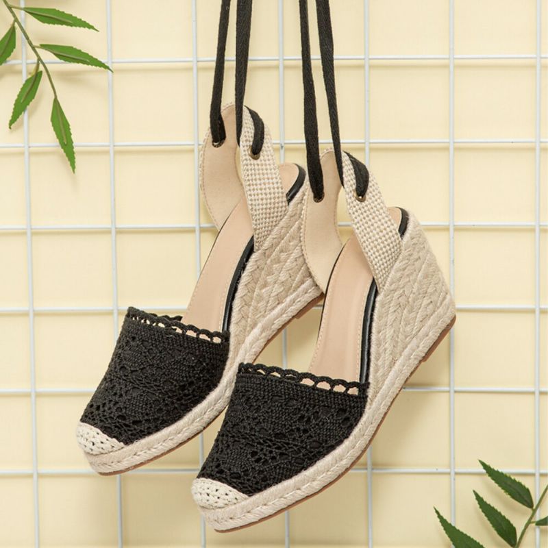 Damen Casual Lace Closed Toe Cross Strap Espadrille Wedges