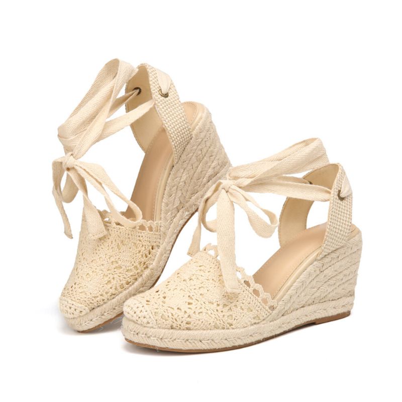 Damen Casual Lace Closed Toe Cross Strap Espadrille Wedges