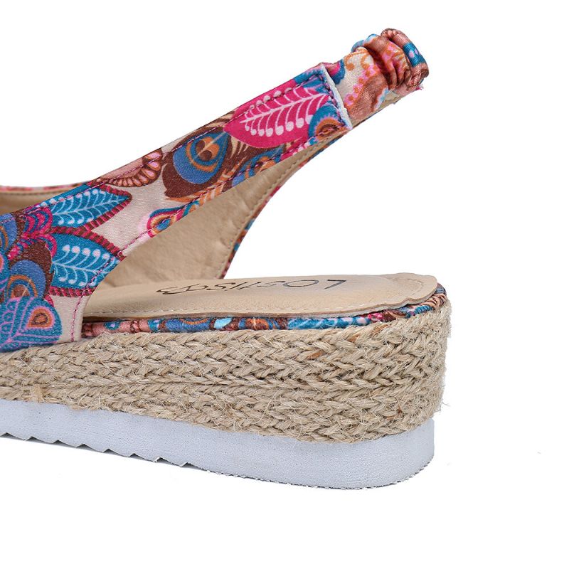 Damen-espadrilles Mit Pfauenmuster Bequeme Peeptoe-plattform Mit Keilabsatz