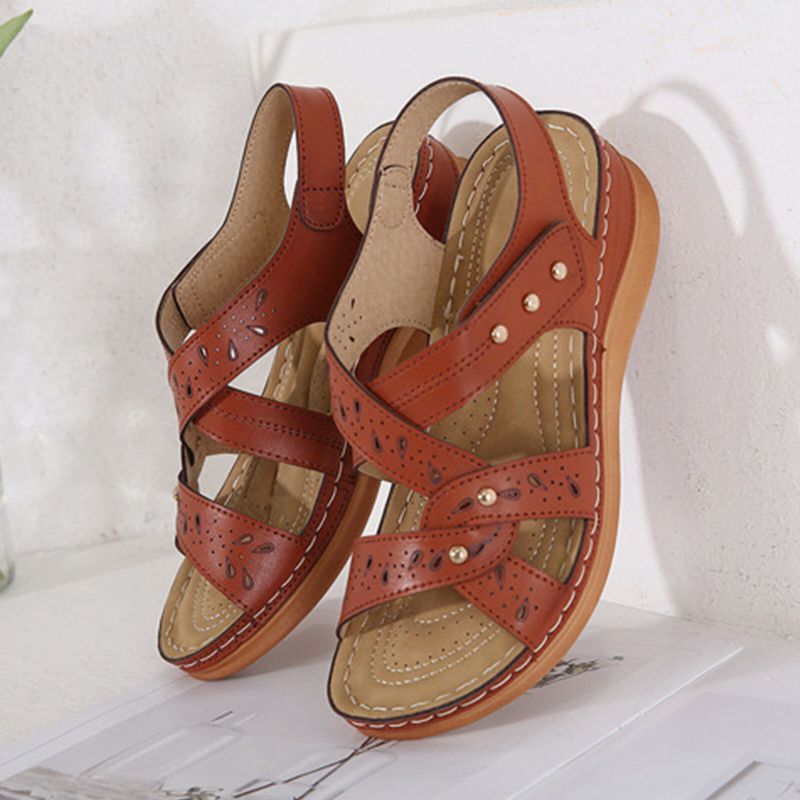 Frauen Casual Atmungsaktive Hohl Hakenschlaufe Sommer Urlaub Handgefertigte Nähte Keile Sandalen