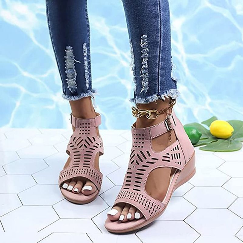 Plus Size Damen Casual Atmungsaktiv Hohl Sommer Urlaub Wedges Sandalen