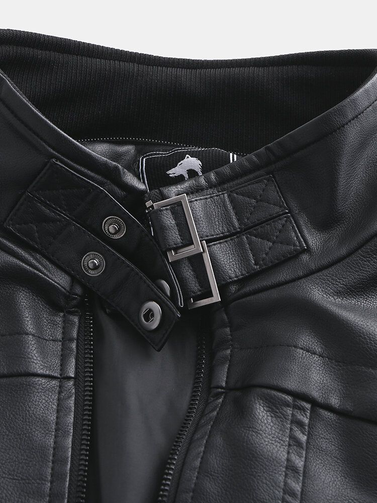 Einfarbige Bikerjacke Aus Pu-leder Für Herren Mit Reißverschluss Vorne Und Mehreren Taschen