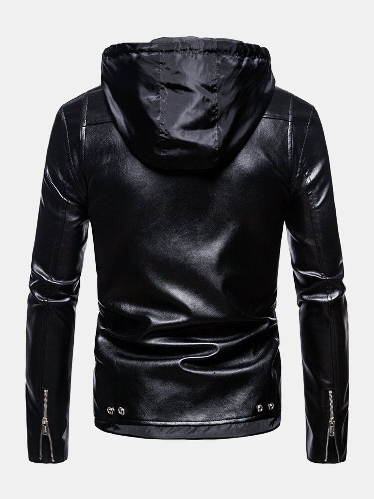 Herren-bikerjacke Aus Pu-leder Mit Asymmetrischem Reißverschluss Und Kordelzug Am Saum