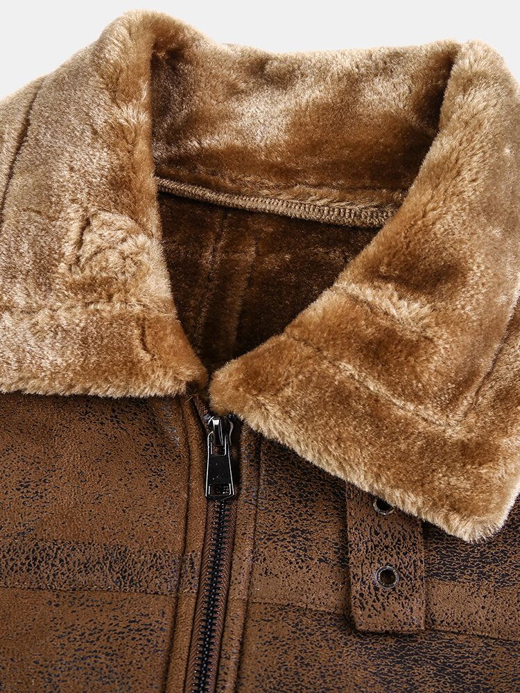 Herren Faux Fur Badge Reißverschluss Vorne Reverskragen Relaxed Fit Dickere Jacken