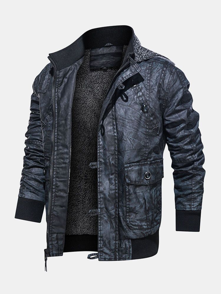 Herren-motorradjacke Aus Pu-leder Mit Kapuze Und Tasche