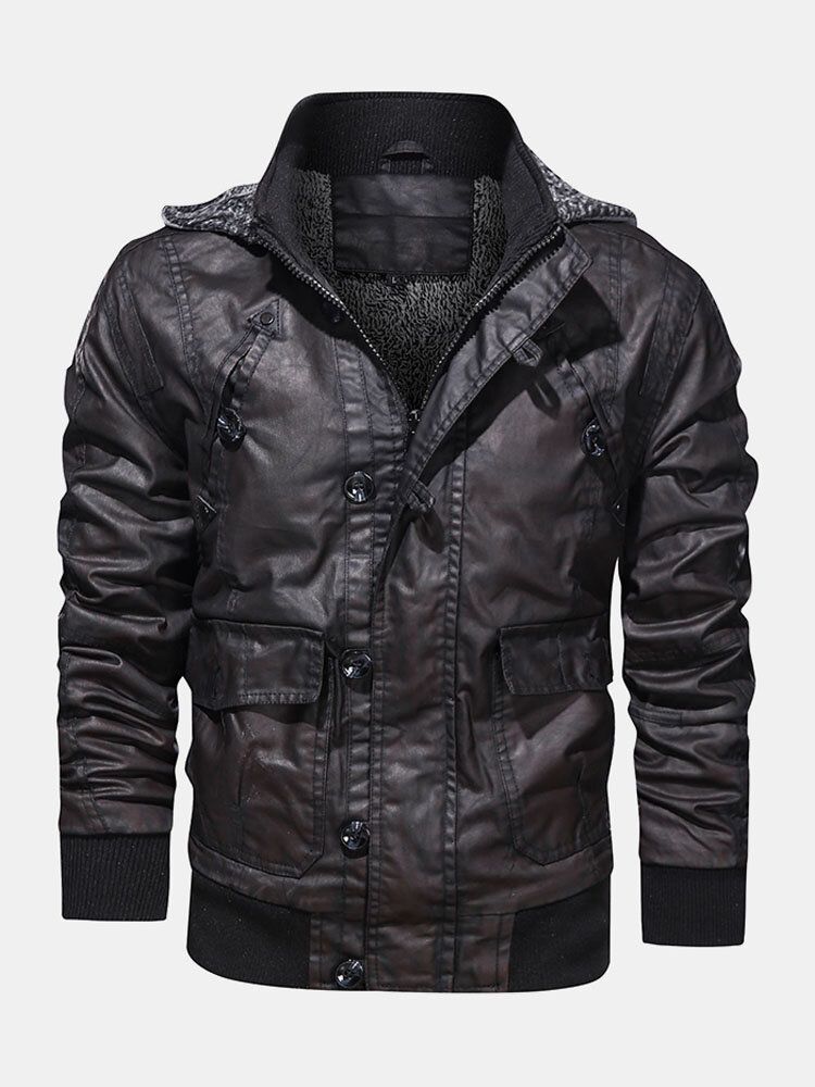 Herren-motorradjacke Aus Pu-leder Mit Kapuze Und Tasche