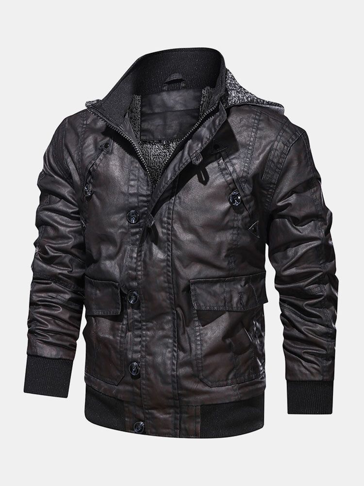 Herren-motorradjacke Aus Pu-leder Mit Kapuze Und Tasche