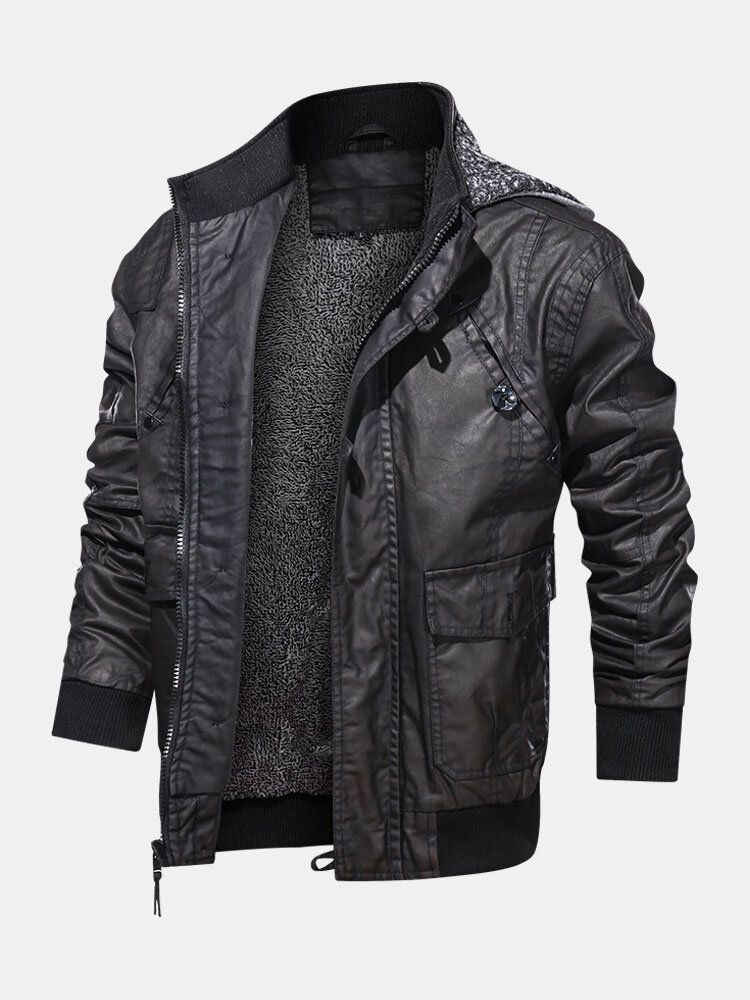 Herren-motorradjacke Aus Pu-leder Mit Kapuze Und Tasche