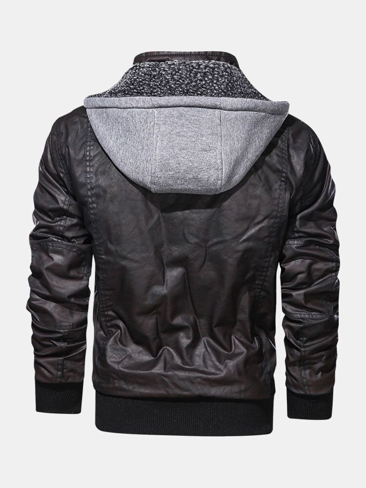 Herren-motorradjacke Aus Pu-leder Mit Kapuze Und Tasche