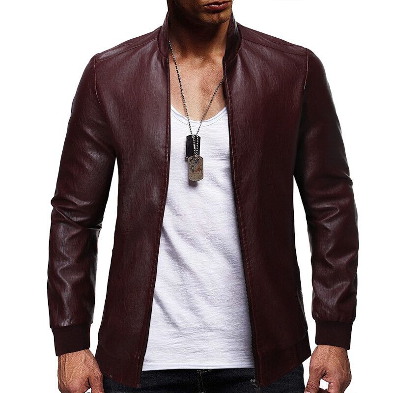 Herren Pu Vintage Stehkragen Reißverschluss Dicke Freizeitjacke