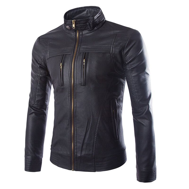 Herren-reißverschluss-stehkragen Schwarze Biker-kunstlederjacke