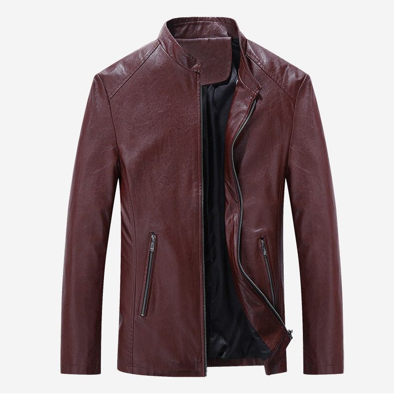 Herren Stehkragen Schwarz Bikerjacke Frühling Herbst Kunstleder