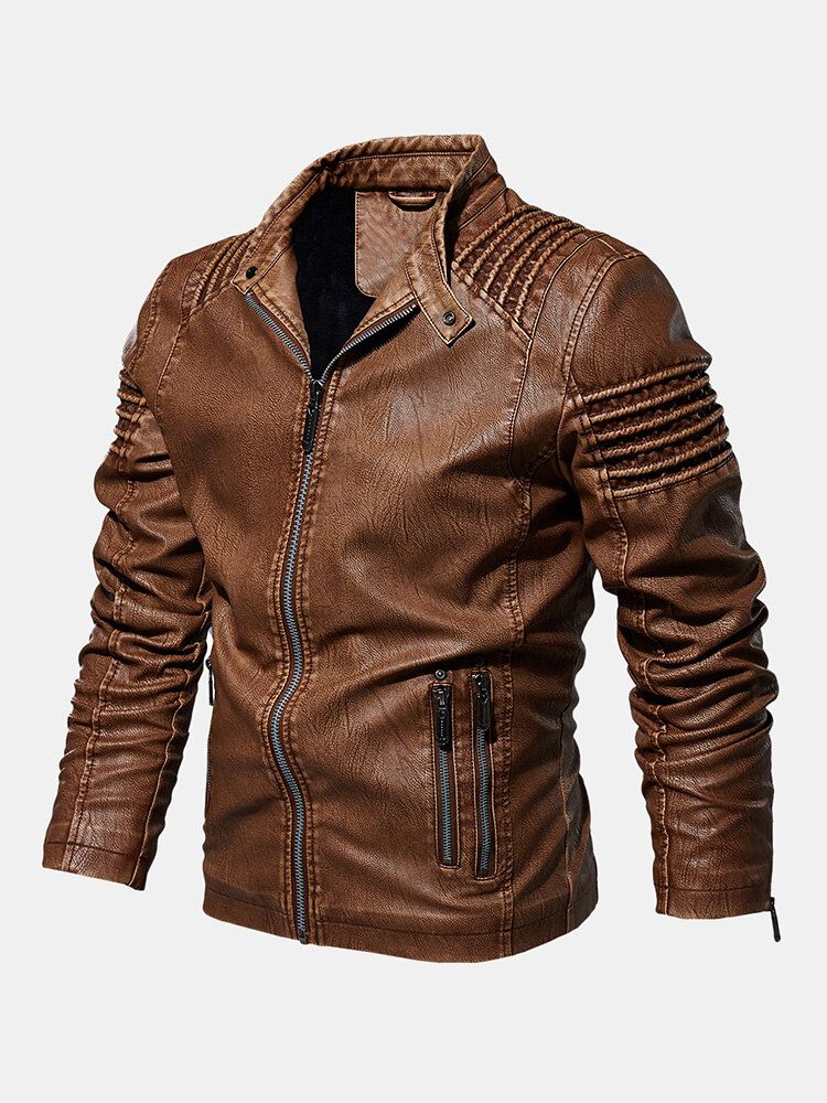 Herren Vintage Pu Winddichte Reißverschlüsse Stehkragen Dicke Freizeitjacke