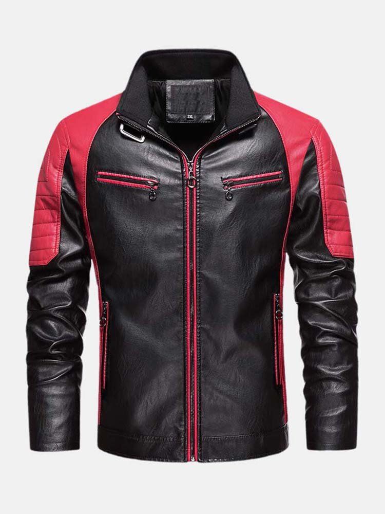 Kontrastfarbene Gewaschene Motorrad-pu-lederjacke Für Herren Mit Tasche