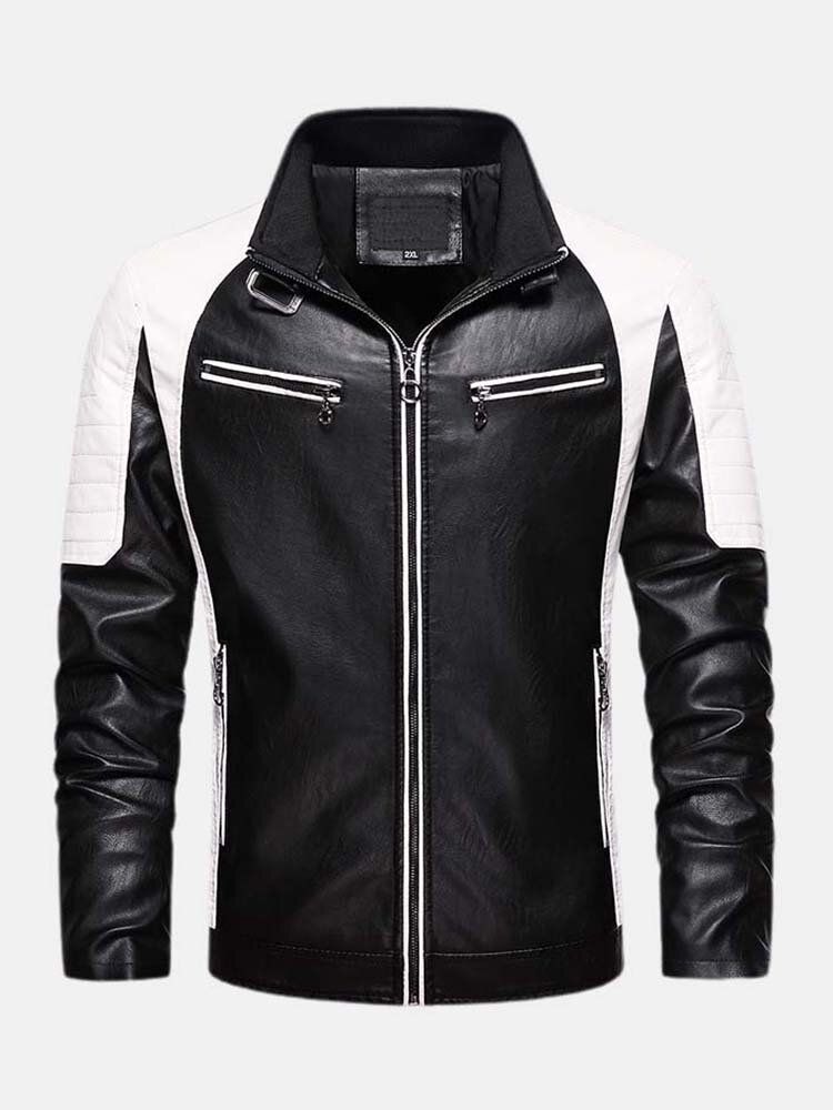 Kontrastfarbene Gewaschene Motorrad-pu-lederjacke Für Herren Mit Tasche