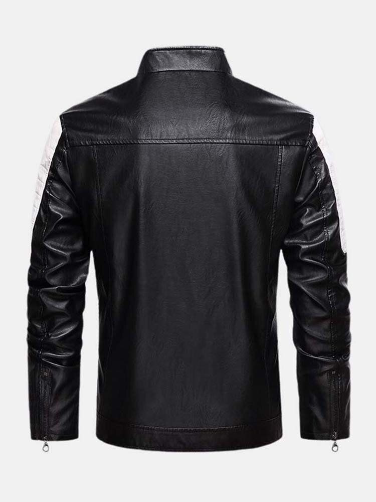 Kontrastfarbene Gewaschene Motorrad-pu-lederjacke Für Herren Mit Tasche