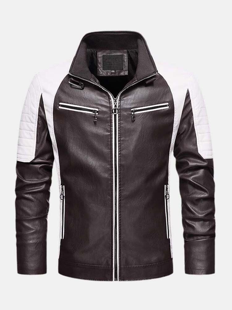 Kontrastfarbene Gewaschene Motorrad-pu-lederjacke Für Herren Mit Tasche