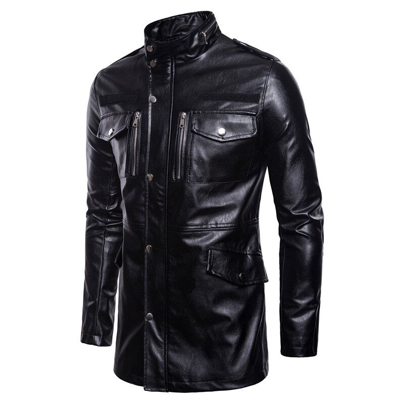 Mittellange Schwarze Biker-kunstlederjacke Mit Stehkragen Und Tasche Für Herren