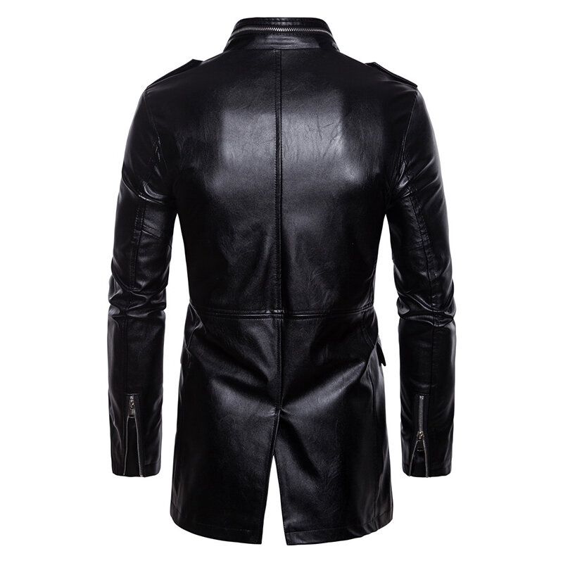 Mittellange Schwarze Biker-kunstlederjacke Mit Stehkragen Und Tasche Für Herren