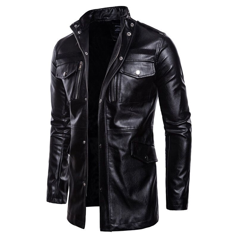 Mittellange Schwarze Biker-kunstlederjacke Mit Stehkragen Und Tasche Für Herren