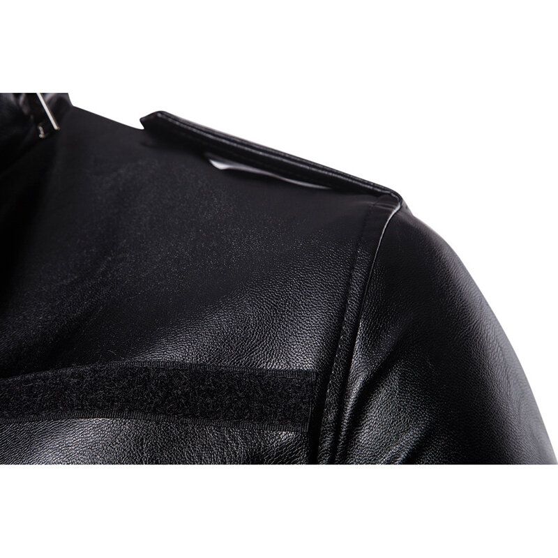 Mittellange Schwarze Biker-kunstlederjacke Mit Stehkragen Und Tasche Für Herren