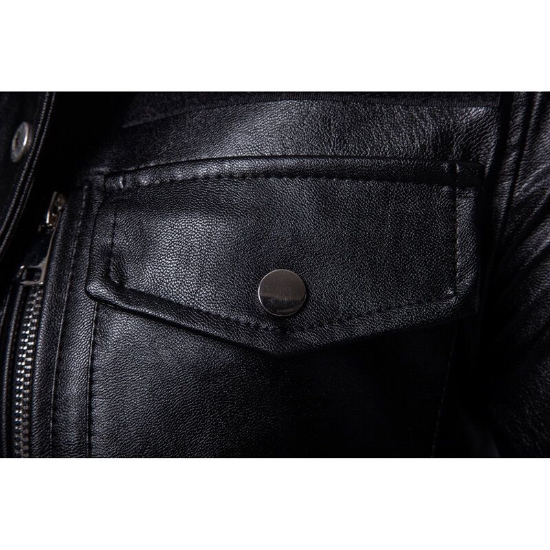 Mittellange Schwarze Biker-kunstlederjacke Mit Stehkragen Und Tasche Für Herren