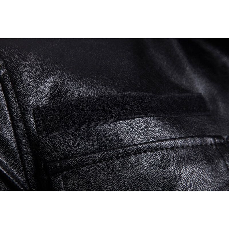 Mittellange Schwarze Biker-kunstlederjacke Mit Stehkragen Und Tasche Für Herren