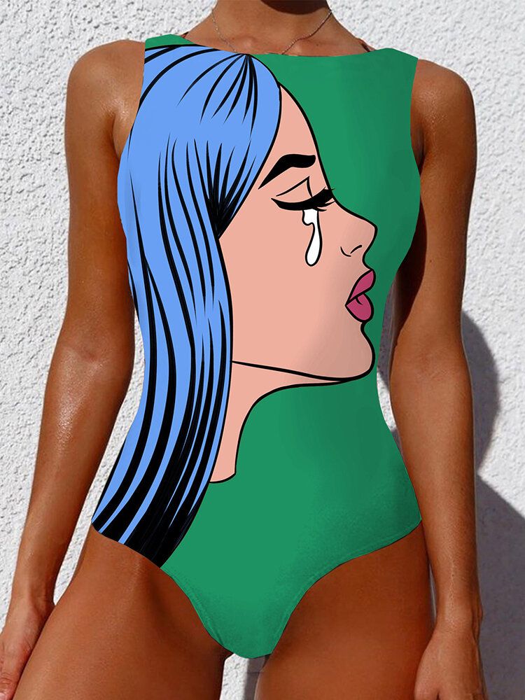 Abstract Figure Print Ärmellose Rückenfreie Einteilige Sommer-strand-badebekleidung Für Frauen