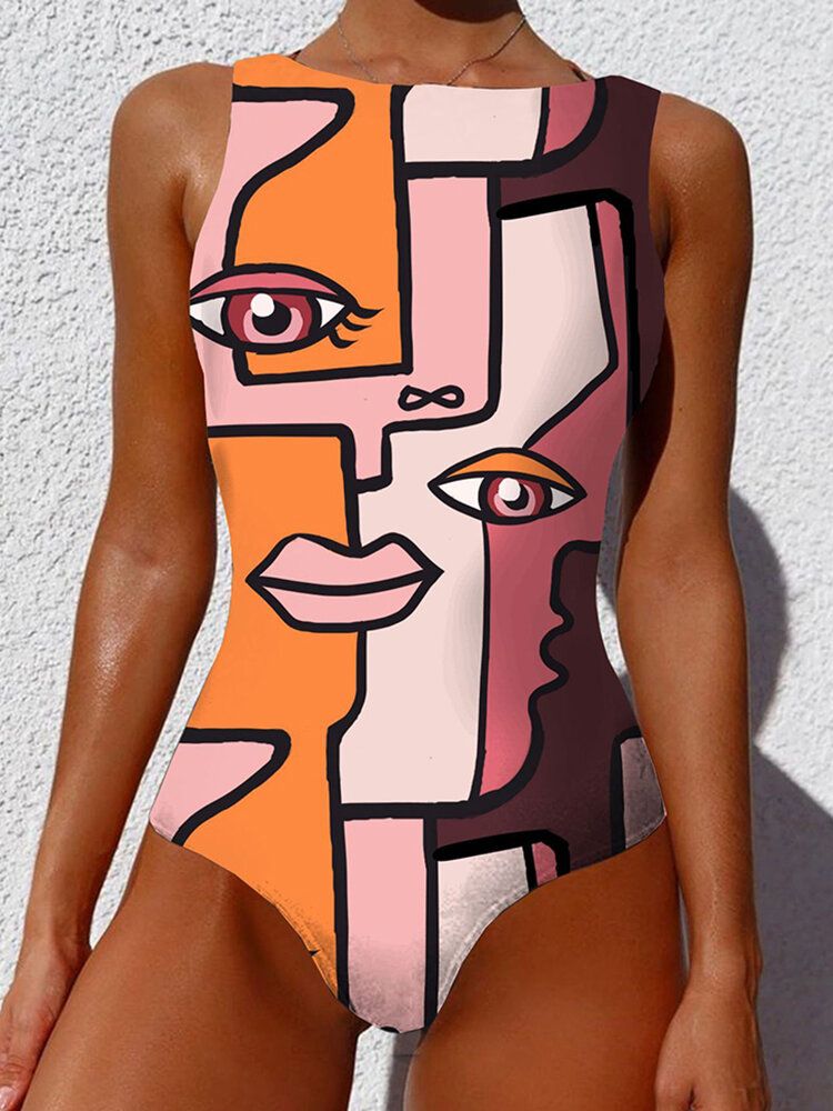 Abstract Figure Print Open Back Sleeveless One Piece Strandbadebekleidung Für Frauen