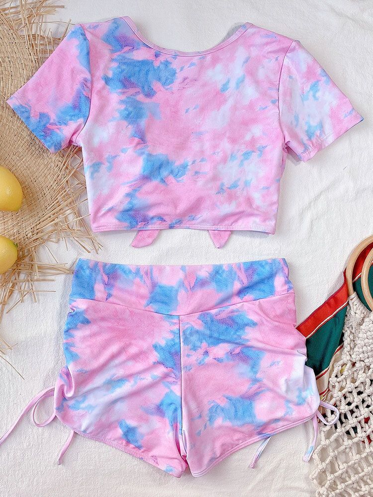 Batik-shorts Mit Kurzen Ärmeln Geknoteter Oberseite Tunnelzug-shorts Urlaub Lässig Hohe Taille Damen-bikini