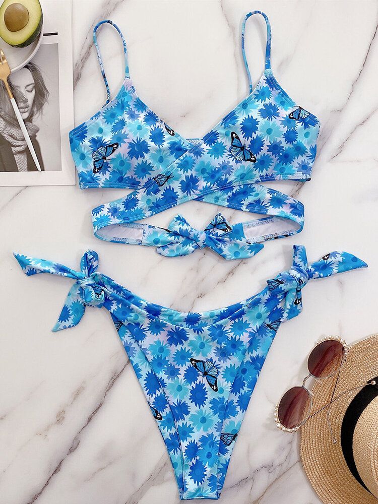 Blumen-schmetterlings-tierdruck-krawatten-kreuz-split-strand-bikini-frauen-badeanzug