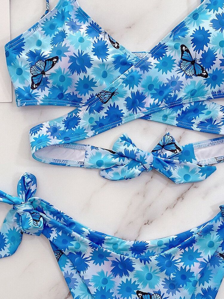 Blumen-schmetterlings-tierdruck-krawatten-kreuz-split-strand-bikini-frauen-badeanzug