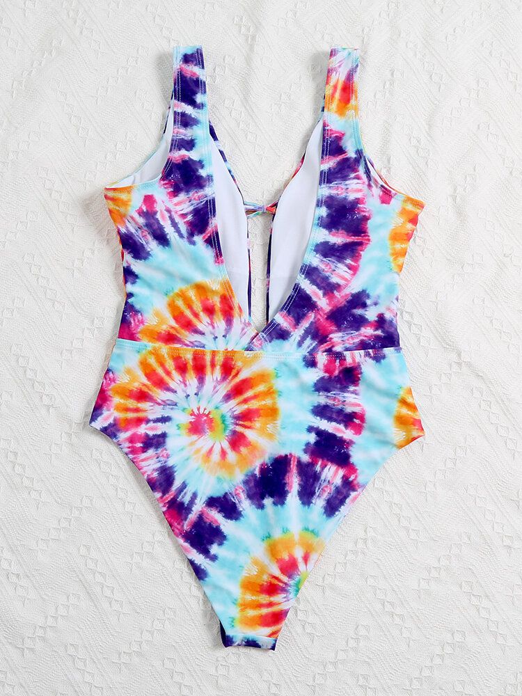 Bunte Tie Dye Bowknot Trim High Fork One Piece Damen Strand Bademode