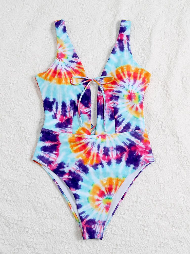 Bunte Tie Dye Bowknot Trim High Fork One Piece Damen Strand Bademode