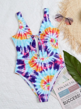 Bunte Tie Dye Bowknot Trim High Fork One Piece Damen Strand Bademode