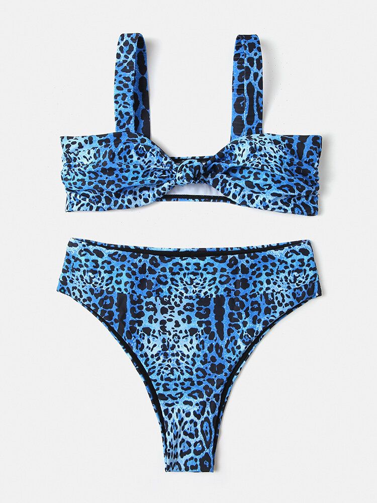 Damen-bikini Mit Leopardenmuster Breitem Schulterriemen Und Hoher Taille