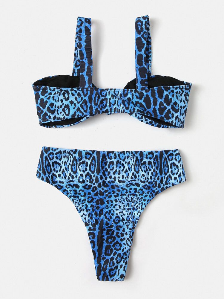 Damen-bikini Mit Leopardenmuster Breitem Schulterriemen Und Hoher Taille