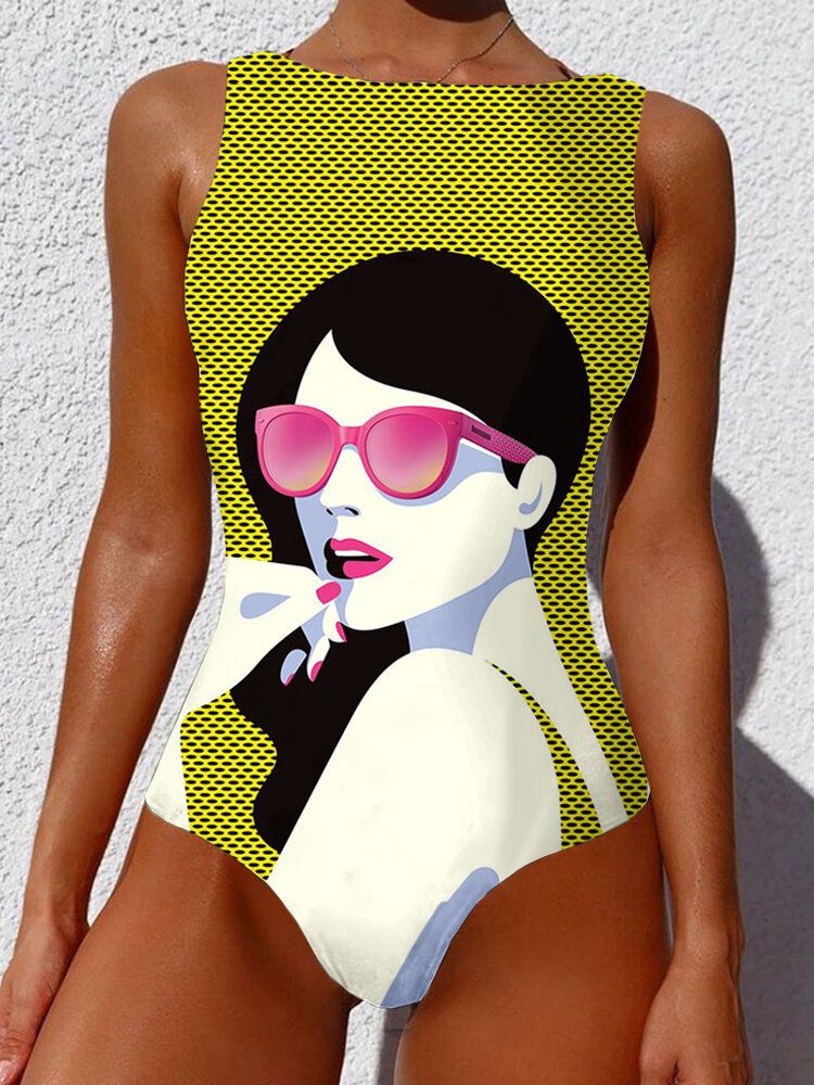 Damen Cool Girl Figur Muster Ärmellos High Neck One Piece Hawaii Bademode