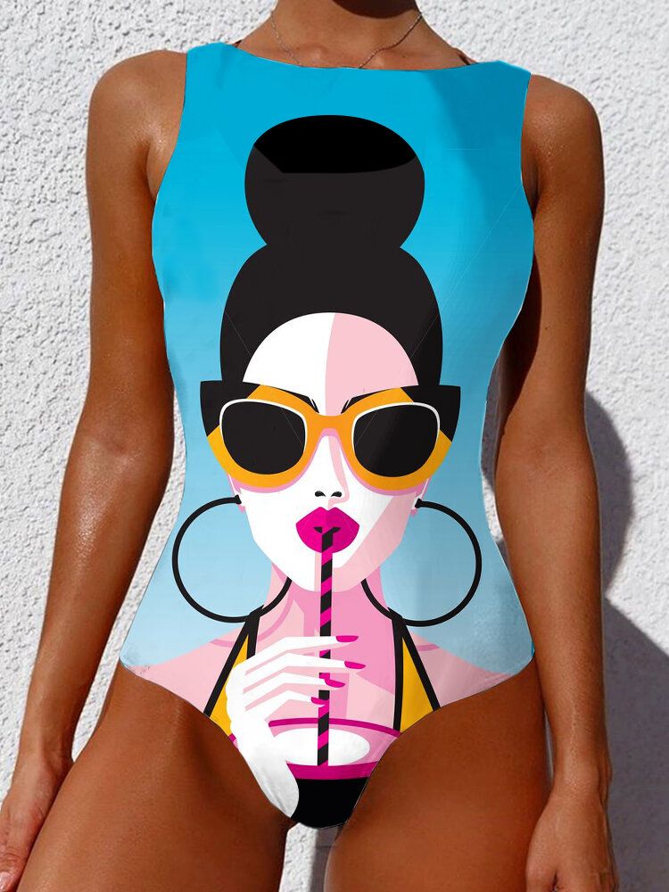 Damen Cool Girl Figur Muster Ärmellos High Neck One Piece Hawaii Bademode