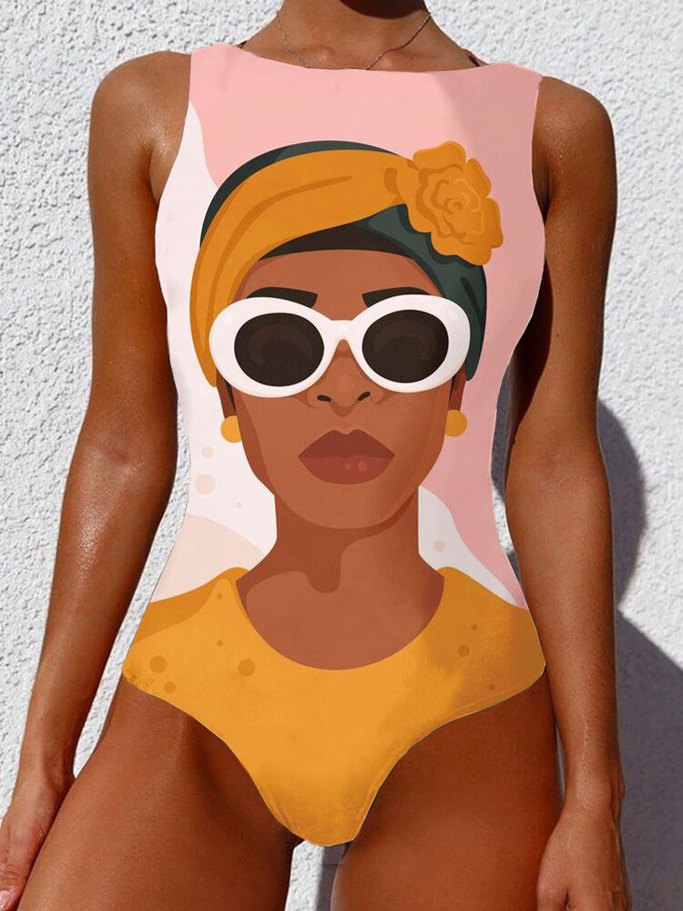 Damen Cool Girl Figur Muster Ärmellos High Neck One Piece Hawaii Bademode