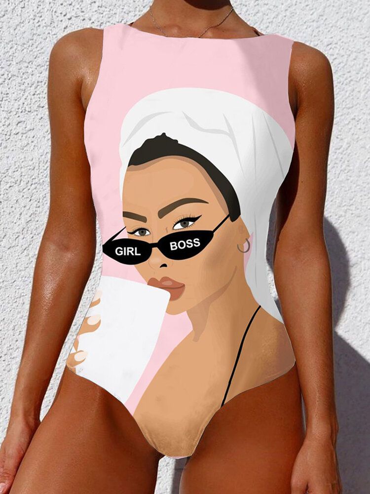 Damen Cool Girl Figur Muster Ärmellos High Neck One Piece Hawaii Bademode