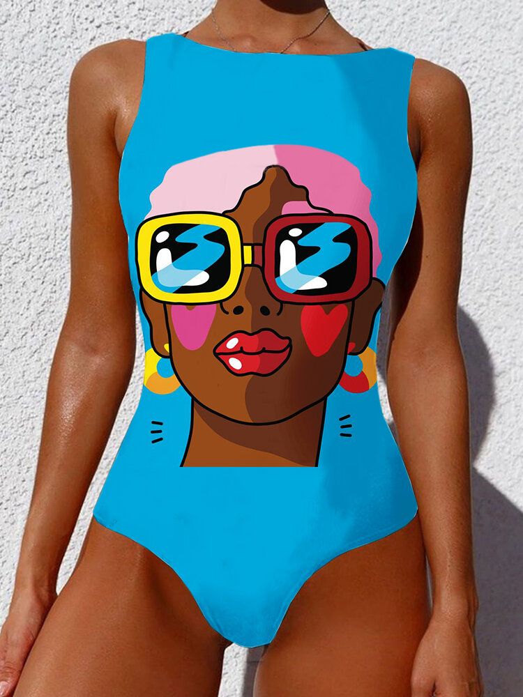 Damen Cool Girl Figur Muster Ärmellos High Neck One Piece Hawaii Bademode