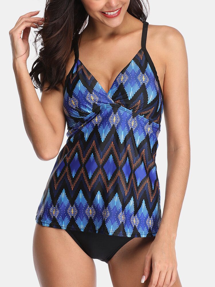 Damen-ethno-stil Geometrischer Druck Rückenfreie Tankini-abdeckung Bauch-badeanzüge