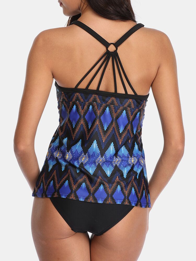 Damen-ethno-stil Geometrischer Druck Rückenfreie Tankini-abdeckung Bauch-badeanzüge