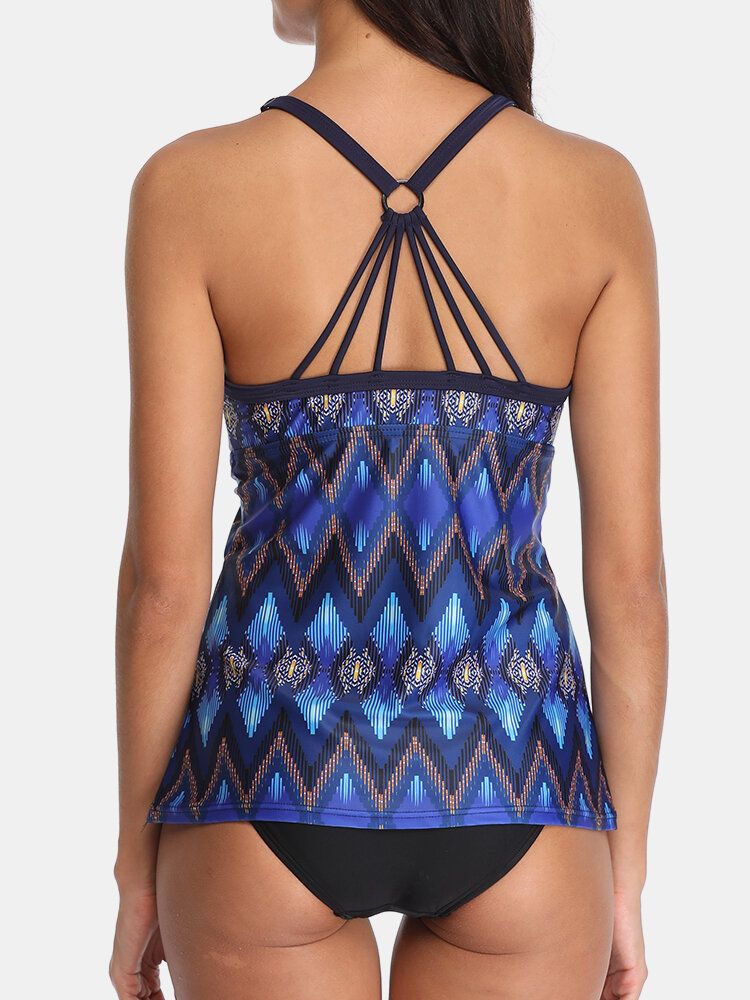 Damen-ethno-stil Geometrischer Druck Rückenfreie Tankini-abdeckung Bauch-badeanzüge