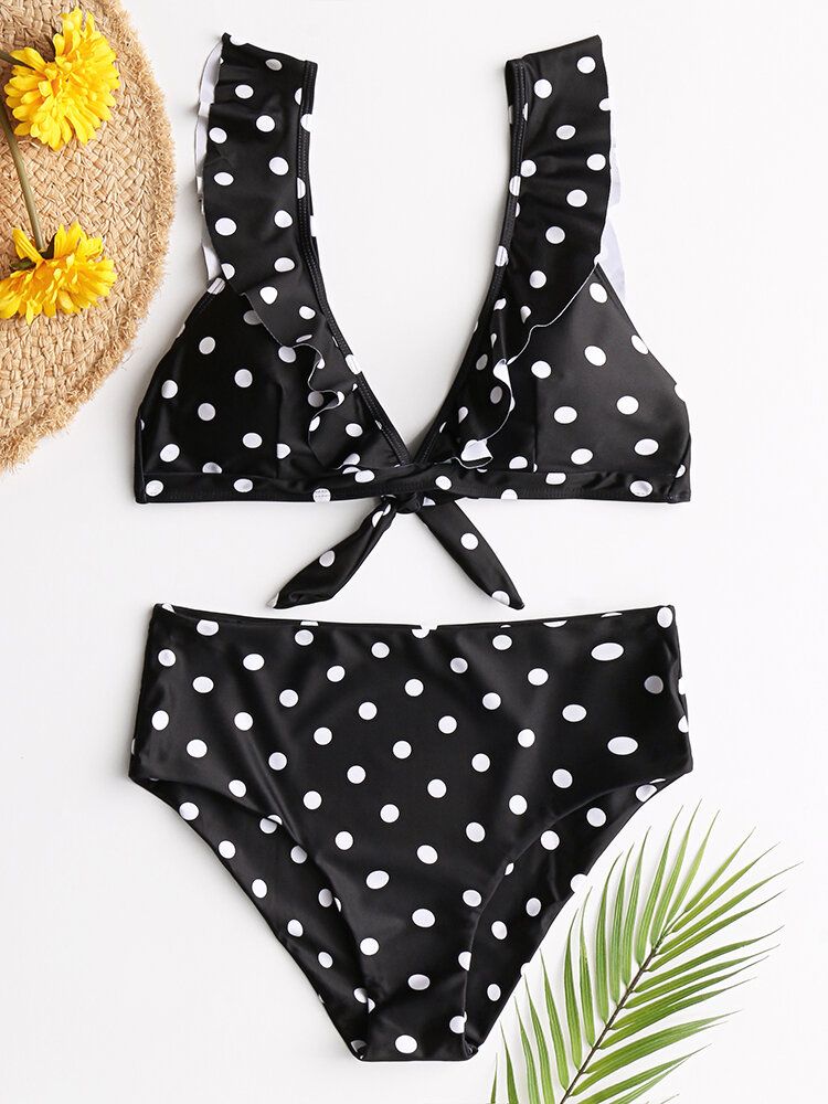 Damen Polka Dot Print Ruffles Sleeves Tie High Waist Bikini