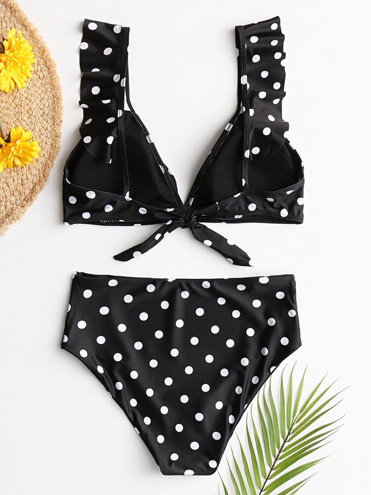 Damen Polka Dot Print Ruffles Sleeves Tie High Waist Bikini