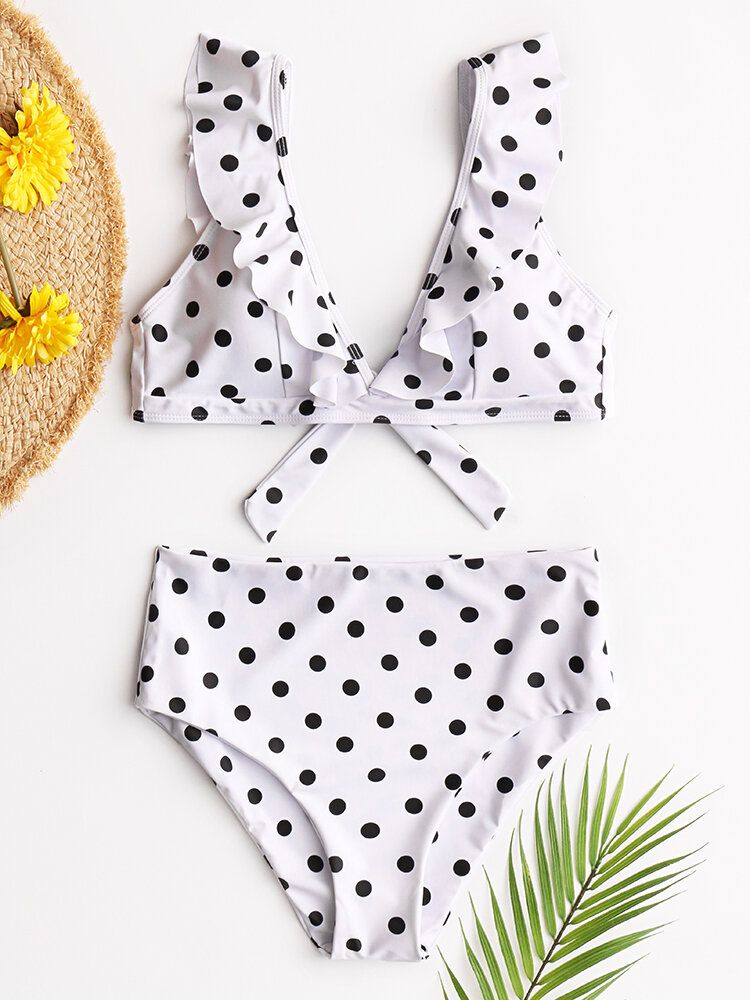 Damen Polka Dot Print Ruffles Sleeves Tie High Waist Bikini