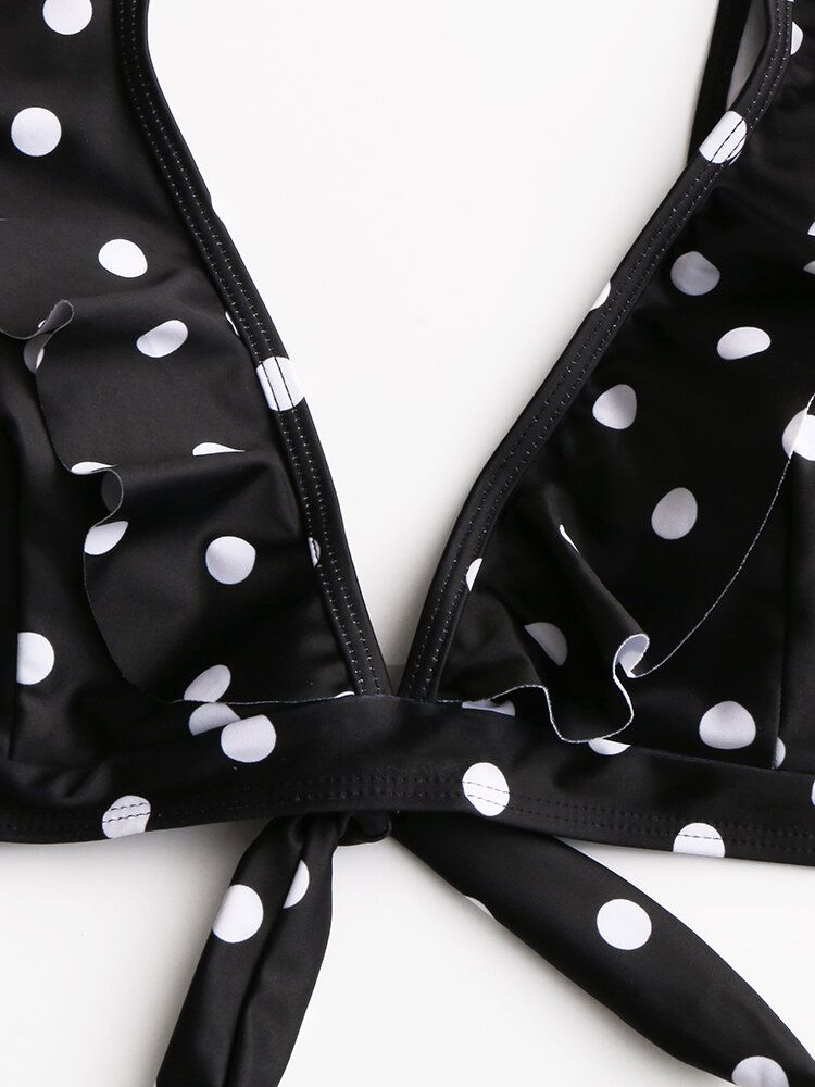 Damen Polka Dot Print Ruffles Sleeves Tie High Waist Bikini