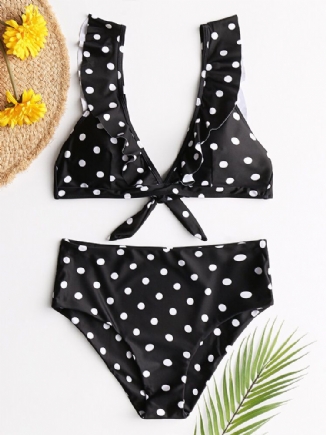 Damen Polka Dot Print Ruffles Sleeves Tie High Waist Bikini